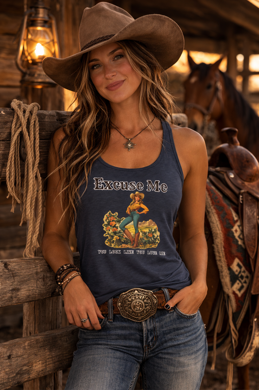 Excuse Me – Western Cowgirl Pinup Tank Top – Vintage Country Graphic – Retro Rodeo Style