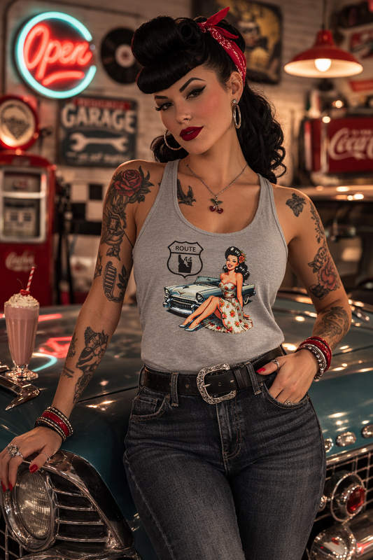 Idaho Route 44 Pinup Tank Top – Vintage Car Girl Graphic – Retro Americana Style – Women’s Racerback