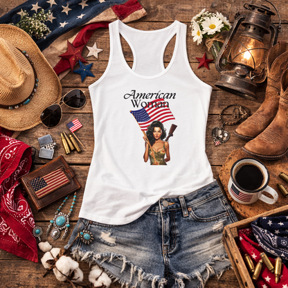 American Woman Tank Top – Patriotic Pinup Graphic – Vintage USA Pride – Women’s Racerback