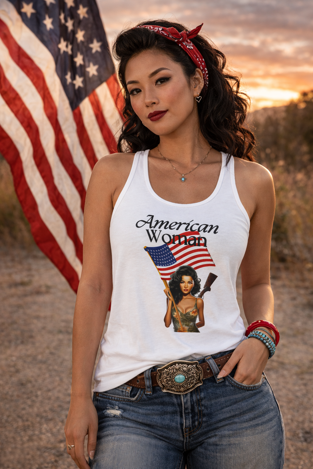 American Woman Tank Top – Patriotic Pinup Graphic – Vintage USA Pride – Women’s Racerback