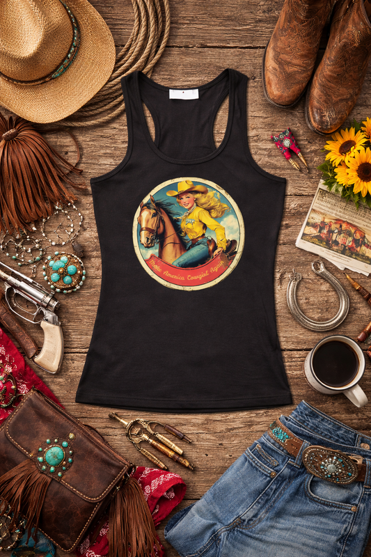 Make America Cowgirl Again Tank Top – Vintage Cowgirl Graphic – Western Rodeo Style – Women’s Racerback