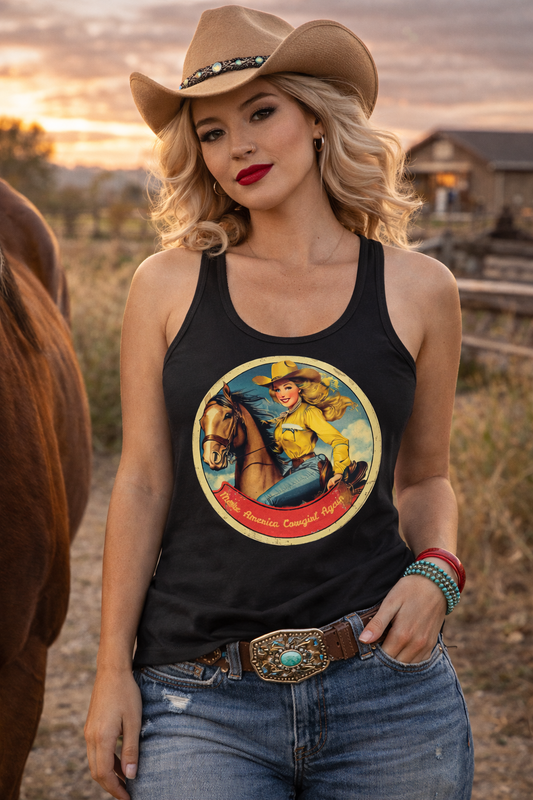 Make America Cowgirl Again Tank Top – Vintage Cowgirl Graphic – Western Rodeo Style – Women’s Racerback